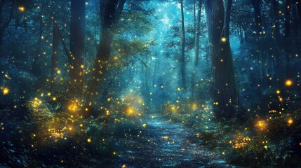 A mysterious path through a misty forest with fireflies.