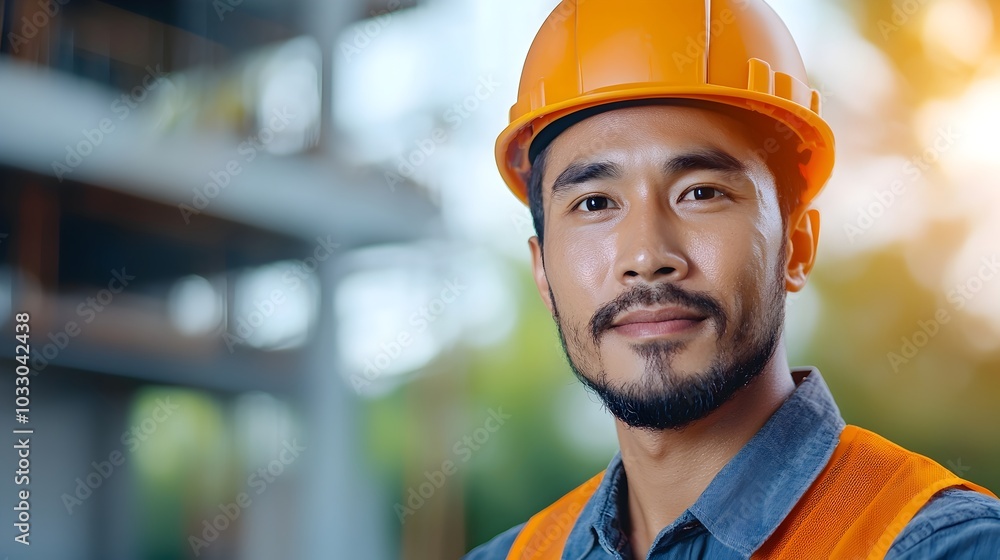 Poster civil engineer standing at a construction site and observing the building framework and development 
