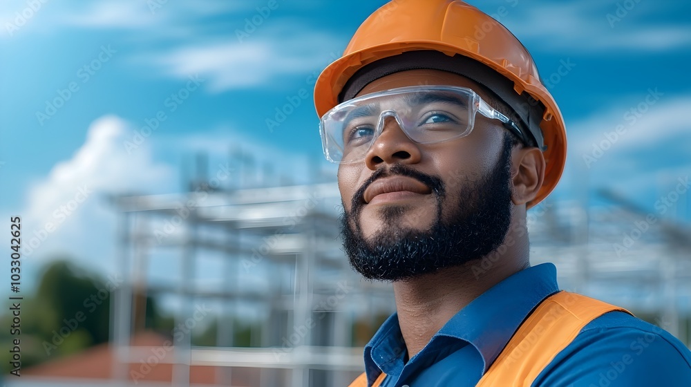 Poster civil engineer standing and observing a construction site with building framework and construction e