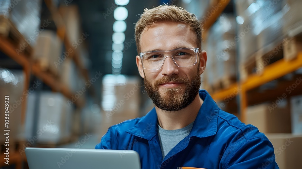 Poster engineer in blue jumpsuit analyzing data on laptop while conducting checks and inspections in a larg