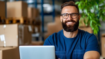 Fototapeta premium Confident engineer wearing a blue jumpsuit and holding a laptop while standing in a spacious modern warehouse facility filled with industrial machinery and equipment