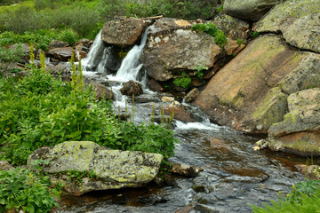 A cascading waterfall flows down from the mountains in a swift stream, bending around large stones...