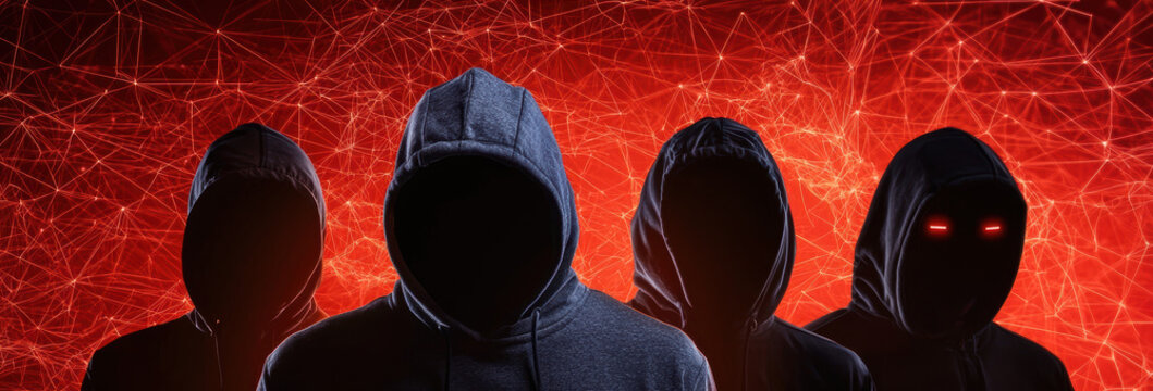 Mysterious figures in hooded attire stand against a red, web-like background, evoking themes of anonymity and digital intrigue.