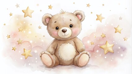 Obraz premium Adorable Watercolor Teddy Bear with Stars in Pink for Children's Decor and Illustrations