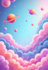 Softly Lit Whimsical Space Background Featuring Hand-Drawn Rockets and Geometric Planets: A Colorful Adventure for Young Minds 
