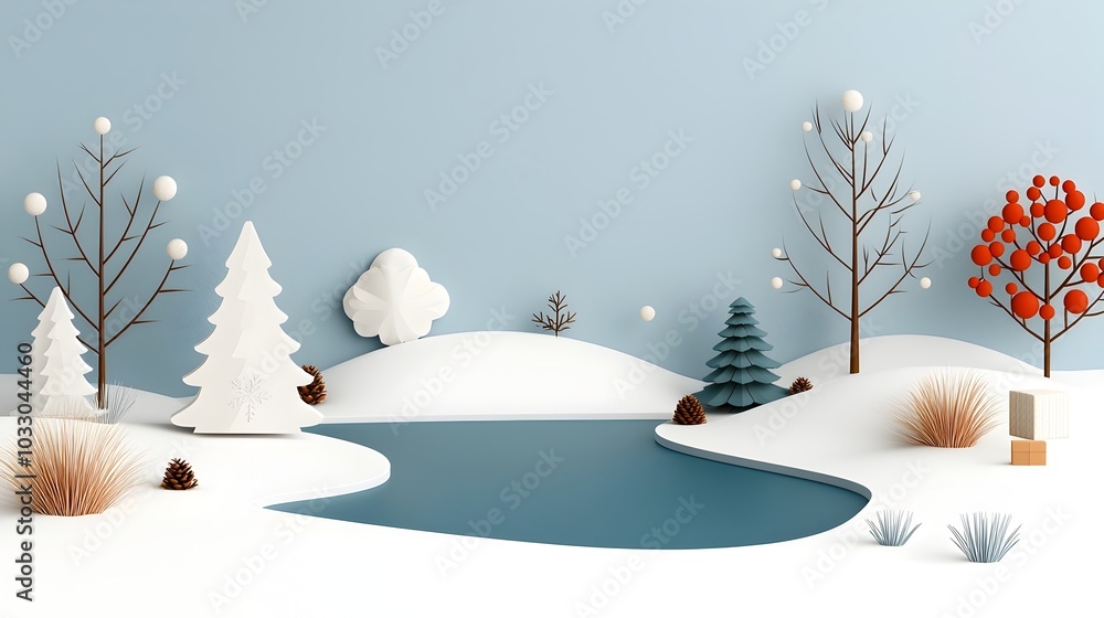 Poster frozen lake in a winter landscape with a complementary color scheme presented in a flat design top v