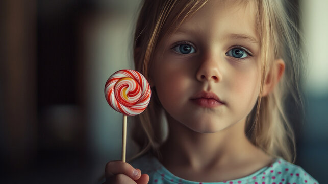 A young child holding a colorful lollipop on National Chocolate Day in a cozy indoor setting - Powered by Adobe