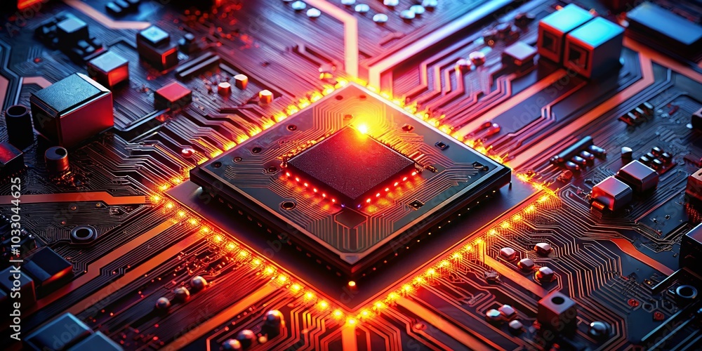 Poster aerial view of a glowing microchip on a red circuit board in a dreamy dark setting