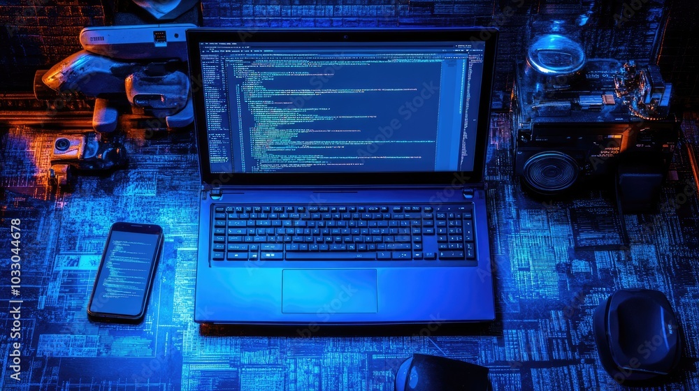 Poster modern workspace with laptop and coding display