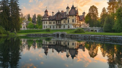 Obraz premium A fairytale castle with crystal windows, reflecting the beauty of the surrounding blossoming gardens in a serene, dreamlike state