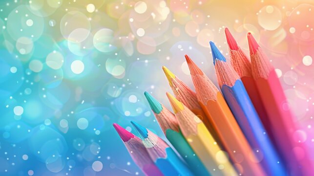 Vibrant collection of colorful pencils on blurred bokeh background, creative educational and art supplies for school projects, back to school concept featuring soft focus and brightly colored statione