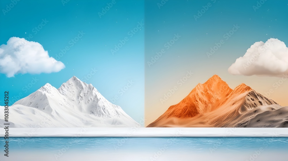 Poster minimalist and serene snowy tundra landscape in a split complementary watercolor color scheme featur