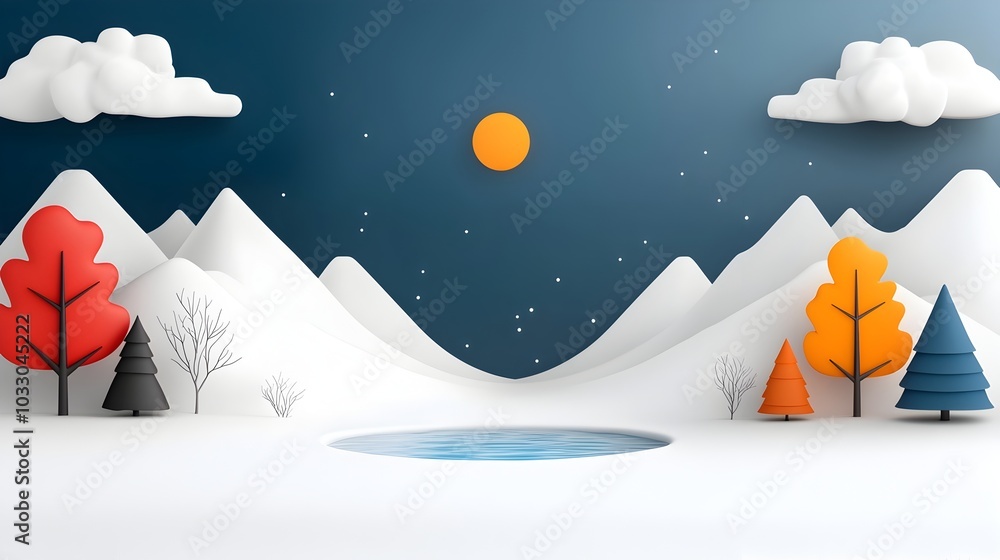 Poster a captivating flat design depicting a serene snowy tundra landscape with a split complementary color