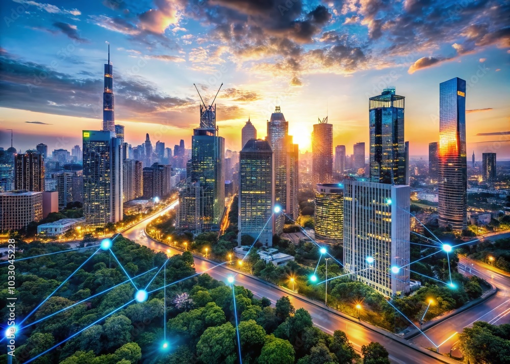 Poster aerial view of futuristic metropolitan city with floating numbers and smart technology elements