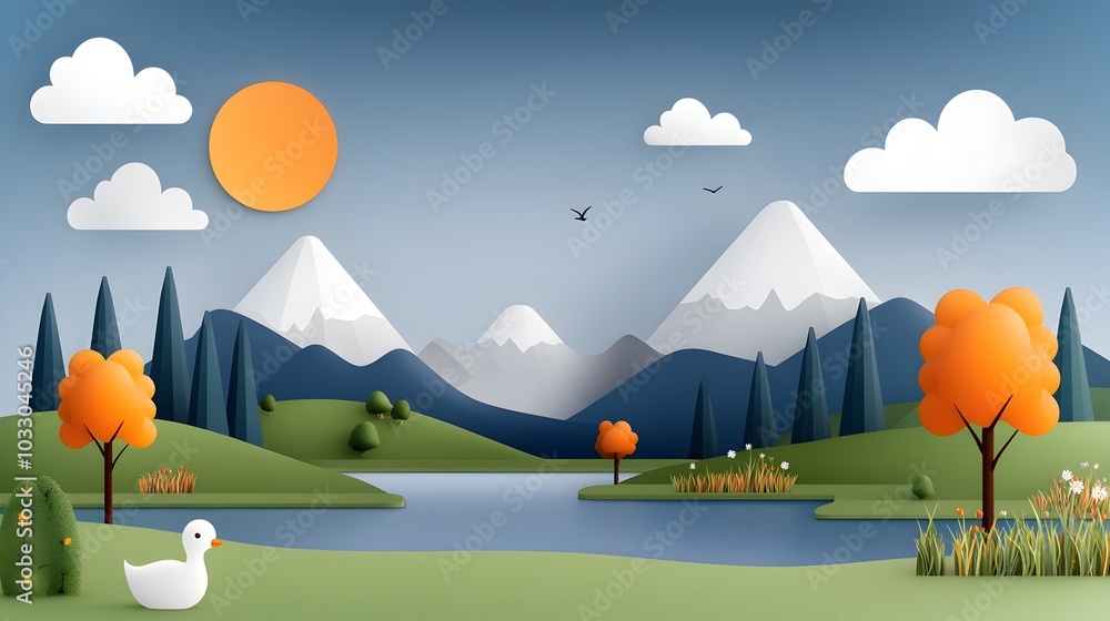 Poster top down flat design of a serene swamp landscape in a complementary color scheme featuring lush vege