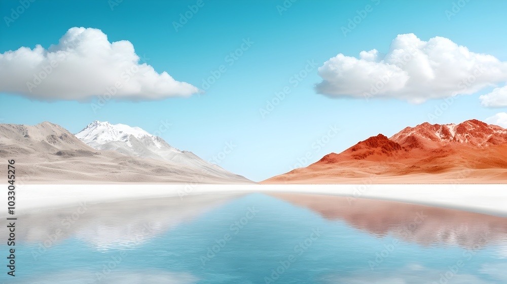 Poster serene snowy tundra landscape in a minimalist flat design style with a watercolor split complementar