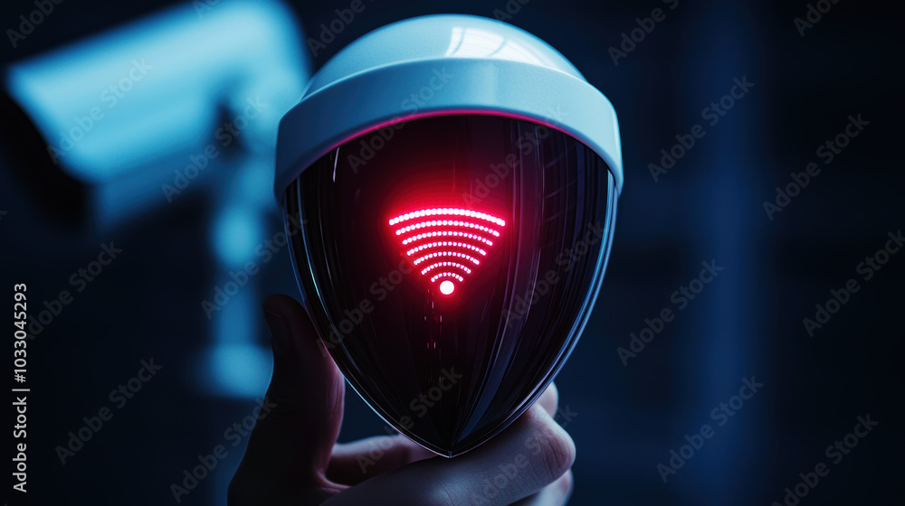 Poster a modern security device displaying a red wi-fi signal indicator, held by a person, with a surveilla