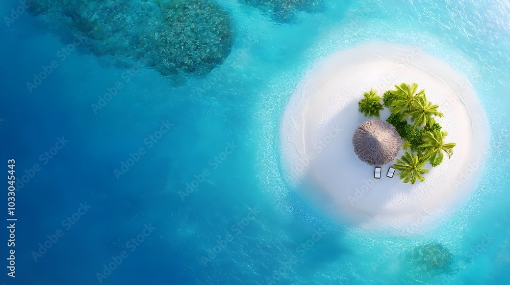 Poster breathtaking aerial view of a tropical island beach with azure waters swaying palm trees and lush ve