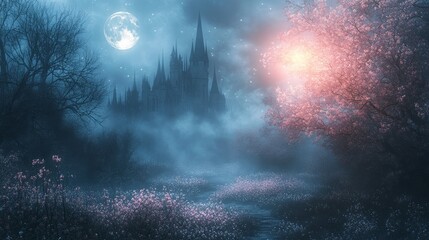 Naklejka premium Enchanted pink castle at night, moon casting a silver glow over delicate blossoms, soft mist rising from the enchanted garden