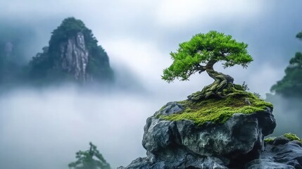 Serene Bonsai Tree on Rock in Misty Landscape