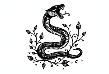 Obraz premium Graphic Art of a Coiled Black Snake: Detailed Ink Drawing with Intricate Scales, Forked Tongue, and Stylized Floral Elements for Unique Decor 