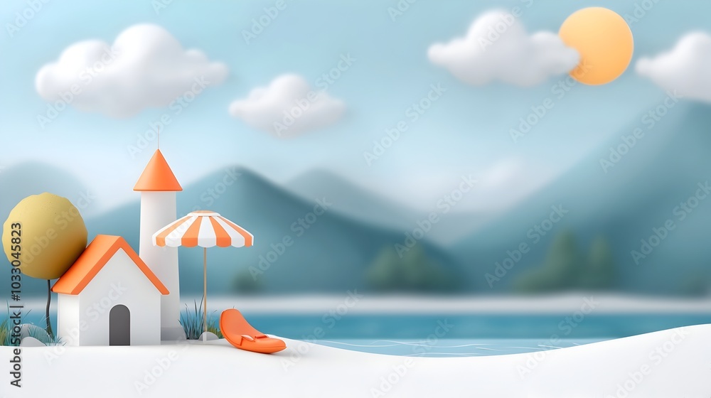 Aufkleber serene seaside escape a flat design showcasing a beachfront scene with a split complementary color s