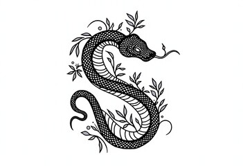 Obraz premium Stylized Floral Accents in a High Contrast Black Snake Illustration: A Unique Coiled Serpent Design for Tattoo and Graphic Art Enthusiasts 
