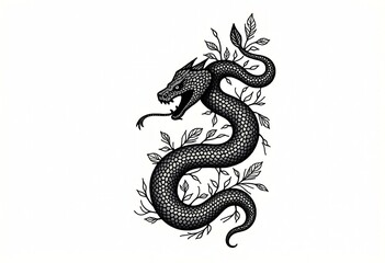 Obraz premium Intricate Coiled Serpent Illustration: Black and White Graphic Art Featuring Detailed Scales, Forked Tongue, and Botanical Accents 
