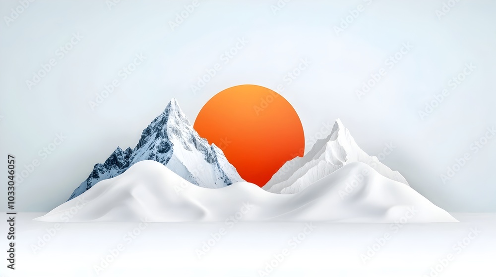 Poster serene snowcapped mountain landscape in a minimalist watercolor with a split complementary color sch