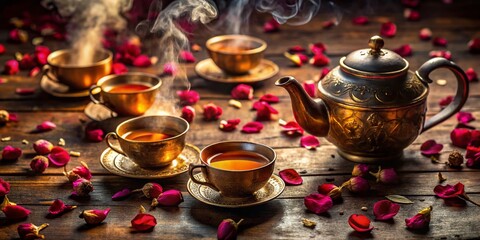 Aerial View of Traditional Indian Tea with Brassware and Rose Petals for Authentic Culture and Cuisine Photography