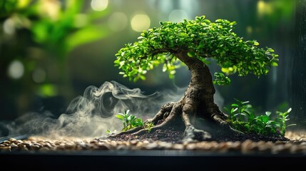 Fototapeta premium Serene Bonsai Tree in Misty Atmosphere