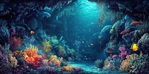 Fototapeta premium Colorful coral reef with fish swimming.