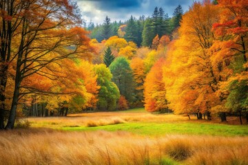 Fototapeta premium Autumn forest clearing with orange and green trees and yellow grass
