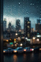 rain drops on window with cityscape in the background, rainy day