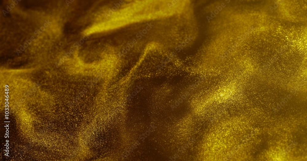 Poster golden glitter particles flowing and shimmering across a dark background, creating a dense, sparkly 