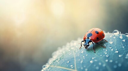 Obraz premium Vibrant Ladybug on Dewy Leaf in Morning Light