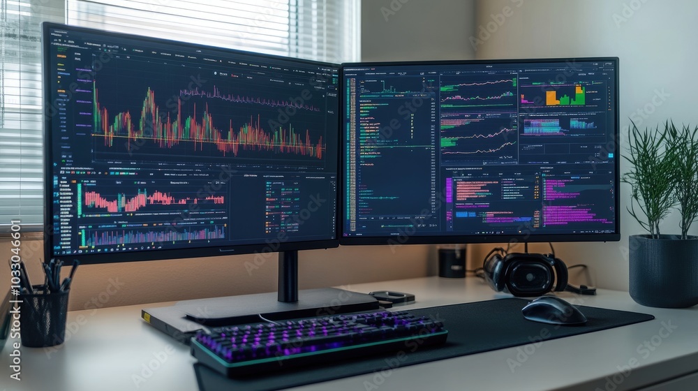Poster modern workspace with dual monitors and tech setup