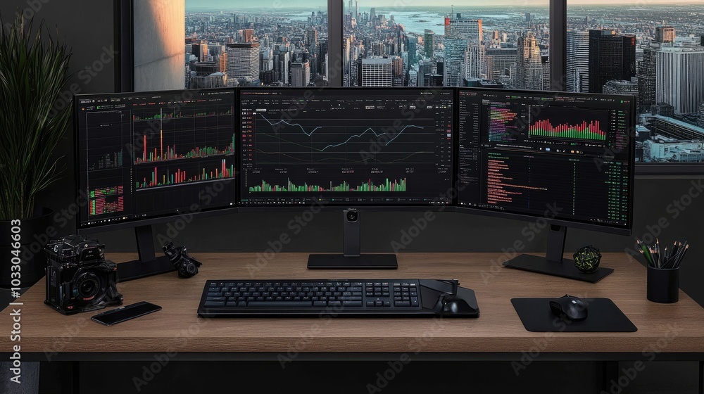 Aufkleber modern workspace with multiple monitors and city view