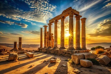 Fototapeta premium Ancient Ruins with Three Pillars in Desert Landscape - Vintage Style Photography