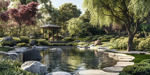 Naklejka premium Peaceful garden with a pond and a gazebo.