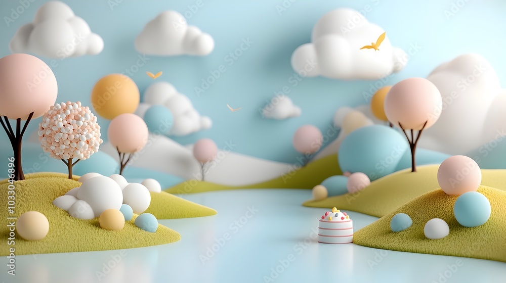 Poster tranquil and serene riverbank landscape scene in a flat design top view with a 3d rendered effect an