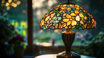 A stained glass lamp with floral pattern.