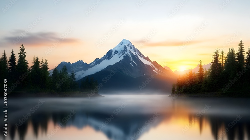 Poster breathtaking mountainous landscape with a flat design front view showcasing a stunning complementary