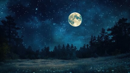 Fototapeta premium Silhouetted trees under a full moon and starry sky.