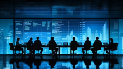 A corporate discussion on financial analysis and investment planning, with charts and financial data on digital screens