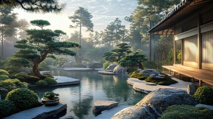 Naklejka premium Japanese garden with pond, rocks, and house.