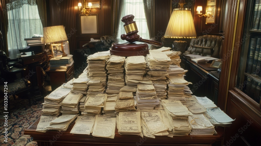Poster a gavel resting atop a stack of documents in a library
