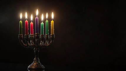 Fototapeta premium A traditional Kwanzaa kinara holds colorful candles in vibrant hues, each candle aglow
