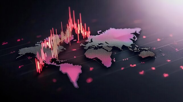 Abstract network of stock tickers connecting the world, symbolizing global stock trading, futuristic financial illustration