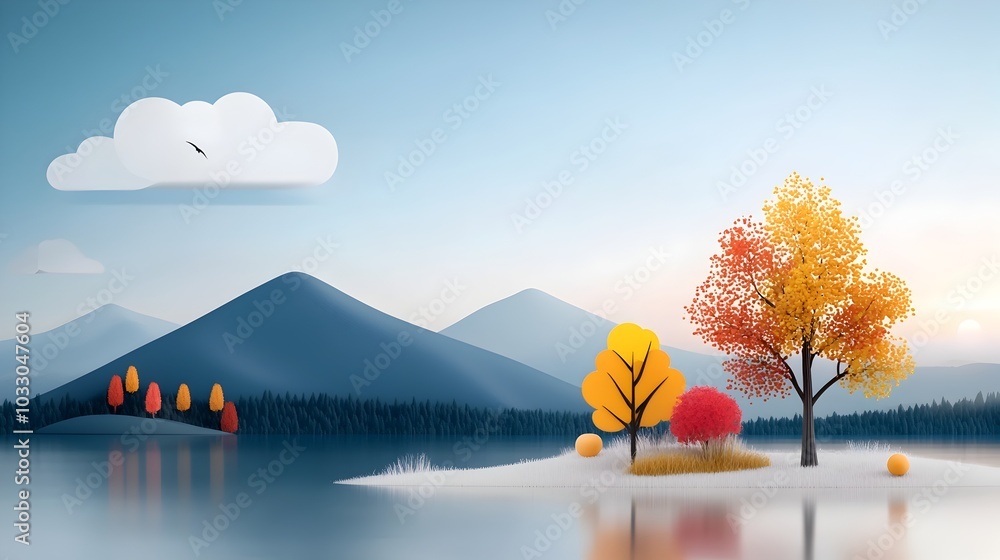 Poster breathtaking mountain landscape in a complementary color scheme featuring a flat design style and an